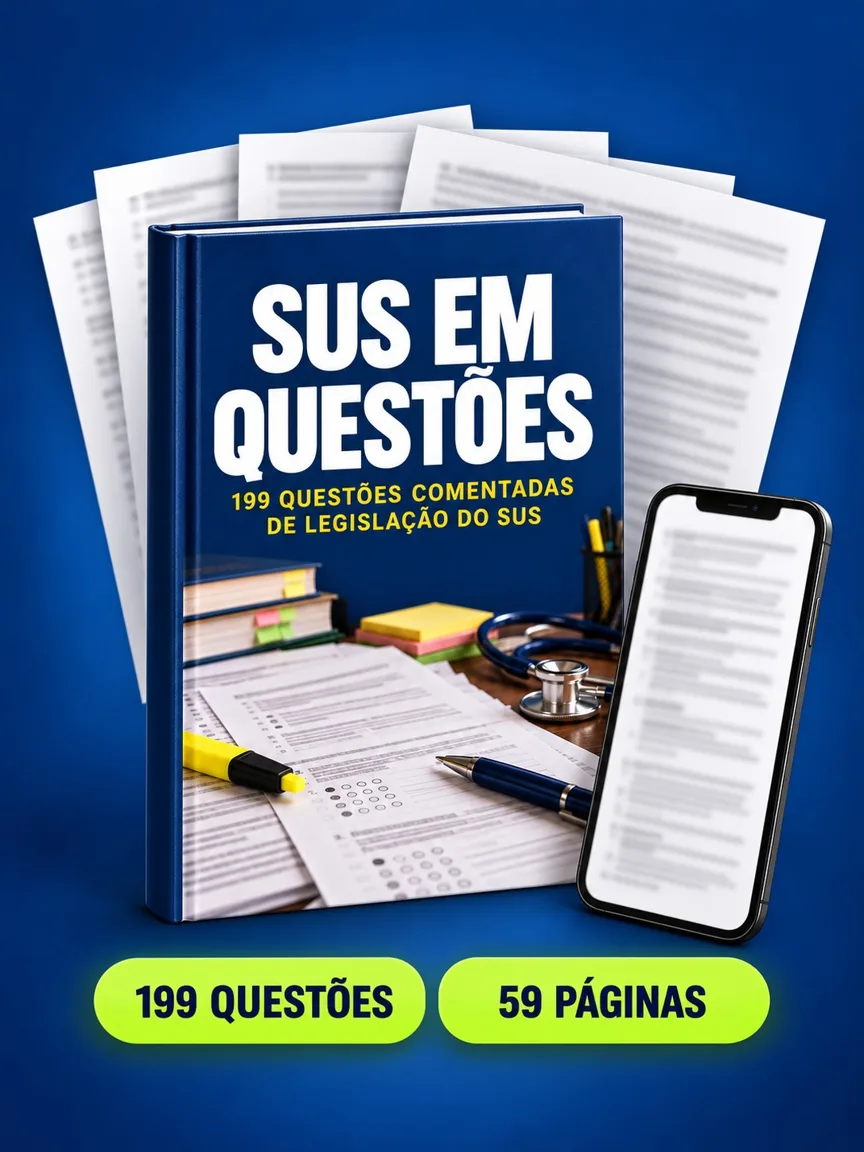 Montagem ilustrativa do SUS em Questões: livro com a capa, páginas do material e celular